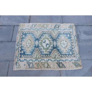 พรมตุรกีโบราณขนาดเล็ก 2.5x2.9 ฟุต สีน้ำเงินเขียว พรมขนสัตว์สไตล์ตะวันตกเฉียงใต้ - Product Image 4