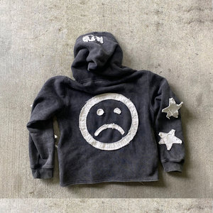 Unisex Acid Washed Embroidered Rhinestone Heavyweight 100% Cotton Fleece <b>Zipper</b>-Up Oversized Hoodie Winter Streetwear Customized - Product Image 6