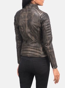 Veste en cuir marron vieilli pour femme, style café racer, matelassée, en cuir d'agneau véritable, vintage, veste de motard, coupe ajustée, fermeture éclair, coton - Product Image 6