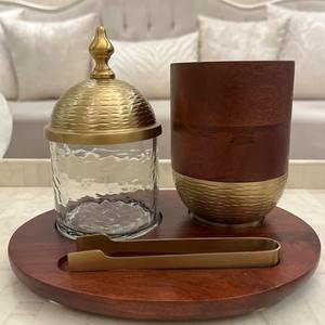 Ensemble de brûleur à encens en bois artisanal avec boîte à bakhoor, plateau, design arabe pour la décoration intérieure du Moyen-Orient et du Golfe - Product Image 6