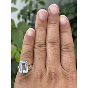925 Silver Fine Jewelry <b>Ring</b> with Natural Emerald Cut <b>Crystal</b> Quartz Rhodium Plated Geometric Pattern for Engagement - Product Image 6