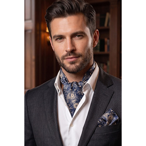 Conjunto de pañuelo, chal y corbatín con estampado paisley azul marino y mostaza para hombre, ideal para novios. - Product Image 1