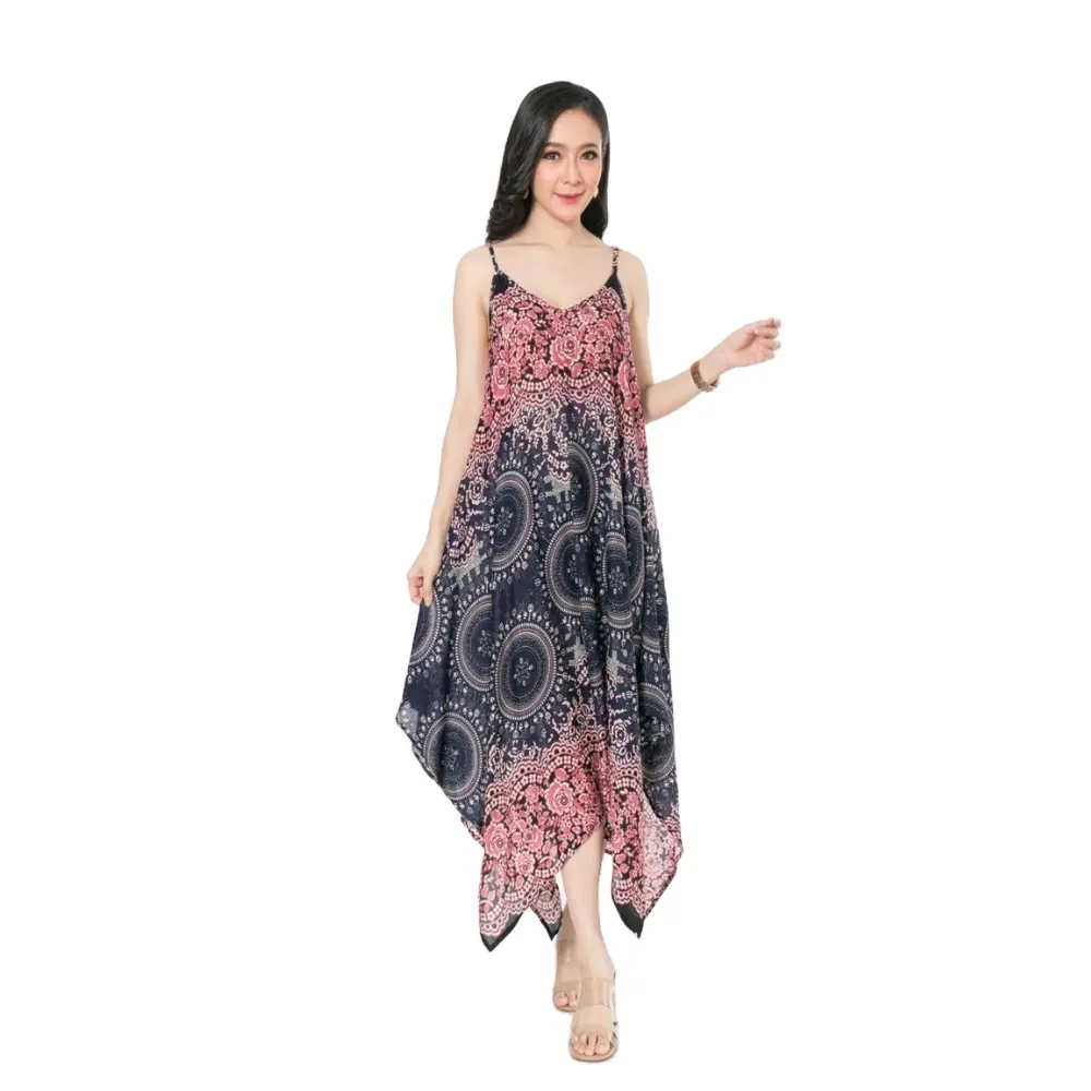 2022 Wholesale Hot Selling Women Blue & Indigo Tie Dye Summer Dress Short Sleeveless Retro Thai Style BoHo Hippie Maxi Dress