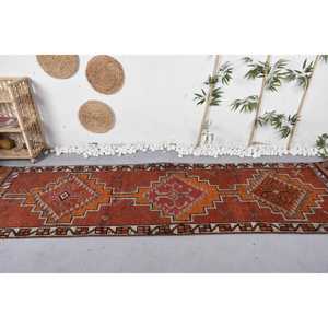 3.1x11.2 ft Vintage Herki Rug, Turkish Rug, <b>Red</b> Check <b>Wool</b> Rug - Product Image 3