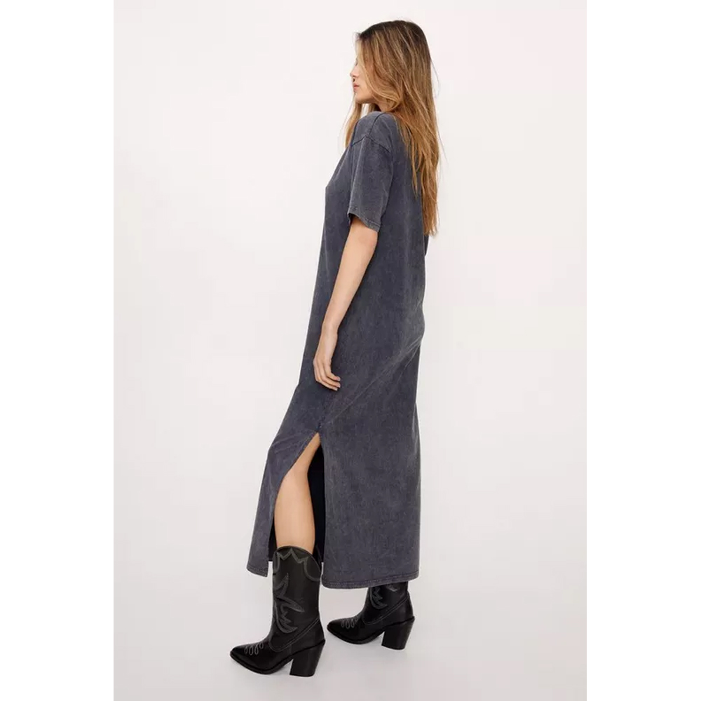 slim fit dress slacks Rock N Wild Grey Longline V-Neck Jersey Acid Wash Rock T-Shirt Midi Dress main image 0