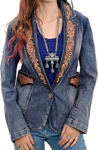 Western <b>Leather</b> <b>Jacket</b> Western Sport <b>Jacket</b> Womens Sport <b>Blazer</b> Womens <b>Leather</b> <b>Jacket</b> Women Denim Coat with Hand Tooling Carving - Product Image 2