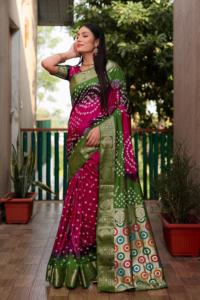 Beau Design Bandhej et Minakari Print Pallu Sari Collection pour Femme Multicolore Prêt à Porter Fabriqué en Inde - Product Image 5