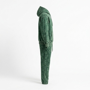 Ensemble de survêtement décontracté deux pièces en coton délavé vert, comprenant un sweat à capuche et un pantalon de jogging, idéal pour l'hiver - Product Image 2