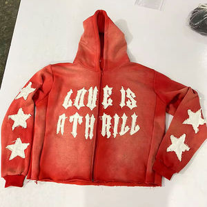 Custom Vintage <b>Red</b> French Terry Oversized Cotton Blank Men's <b>Hoodies</b> Sweatshirts Acid Washed Distressed <b>Zipper</b> <b>Hoodies</b> - Product Image 4