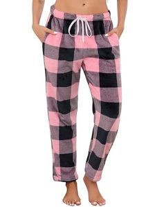 Women's Pink Black <b>Plaid</b> Flannel <b>Pants</b> Mid Waist Drawstring Loose Fit Casual Ankle-Length <b>Pants</b> With Pockets Winter Wear - Product Image 1