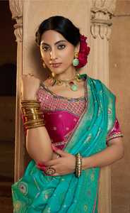 Women's Pure <b>Satin</b> Indian Saree with Fancy Lace Border Heavy Embroidery Designer <b>Blouse</b> Indian Made in Stock - Product Image 5