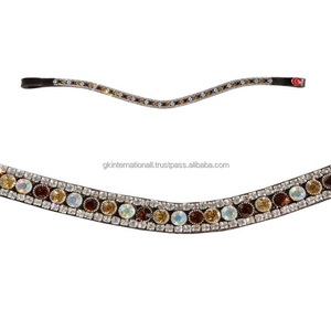 Personnalisé Multicolore 3 Rangées de Cristaux Strass Bling Forme de Vague Top Grain Cuir Cheval Front Band en Plein Épi Extra Large - Product Image 1