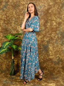 Vestido Midi floral de alta calidad para mujer, elegante estilo informal, técnica Tie-Dye, modesto vestido de fiesta en la playa para mujer, cintura Natural - Product Image 3