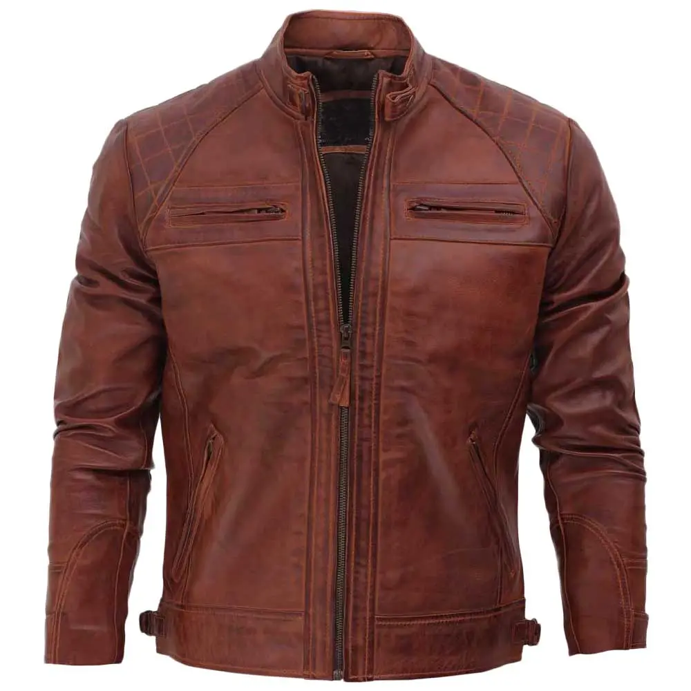 Racer jaqueta de couro retrô para motociclista, jaqueta de couro clássica vintage brando para motociclistas