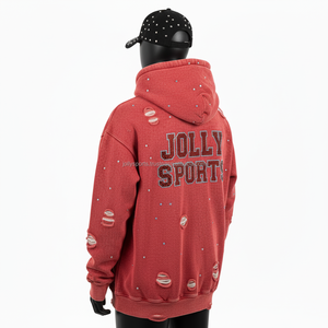 Sweat à capuche en molleton délavé à l'acide, poids lourd, rouge vintage, tissu en coton doux avec détails déchirés, logo en strass personnalisé, sweat à capuche basique - Product Image 4