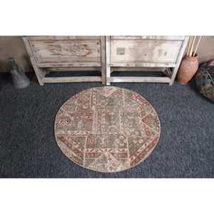 พรมขนาด 3.3x3.3 ฟุต, พรมกลมสไตล์วินเทจตุรกี, พรมขนสัตว์สีเขียวลายปะติด - Product Image 1