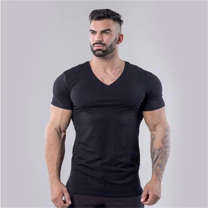 Camiseta de gimnasio de algodón liso 2025 para hombre, ropa de Fitness de manga corta con cuello en V, camisetas de entrenamiento de verano, camisetas ajustadas de talla grande - Product Image 5