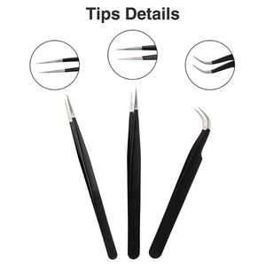 Ensemble de pinces à extensions de cils noires faites à la main en 3 pièces, comprenant des outils à cils droits, incurvés et pointus - Product Image 5