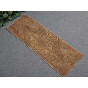 Alfombra Kilim Turca Vintage de 1.1x3.1 pies, Alfombra Pequeña de Lana Sólida Marrón - Product Image 1