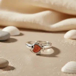 Anillo de Turquesa para Mujer con Baño de Rodio y Piedra de Coral Tallada - Product Image 2