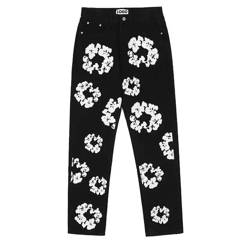 New Italy Style Men's Vintage Denim Pants Floral Print Slim Fit Black Jeans Straight Trousers size M-2XL