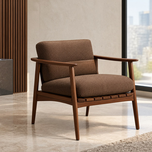 Fauteuil de salon moderne en bois massif avec coussin et accoudoirs en tissu marron pour salon, hôtel, appartement, coin lecture - Product Image 2
