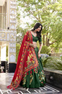 Juego de Lehenga de seda Tasar con estampado elegante con trabajo de lámina y lienzo Gotta Patti Dupatta Can Stitch para exportación B2B al por mayor - Product Image 5