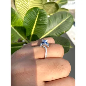 925 Silver Fine Jewelry <b>Cat</b> Ring with Blue Sapphire Trendy Gemstone Ring Resizable Plated Brass Great <b>Gift</b> Idea - Product Image 4