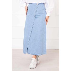 กระโปรงผ้ายีนส์ทรงเอไลน์สีฟ้าอ่อนเดรสแม็กซี่ทรงหลวมลำลองตกแต่งแบบวินเทจสำหรับฤดูใบไม้ผลิใบไม้ร่วง - Product Image 4