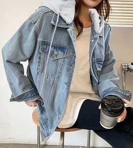 Women's Denim Jacket with Hood Oversized Distressed Jean Jackets Hoodie New Design - Product Image 1
