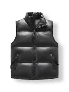 Gilet matelassé vintage pour homme en cuir véritable, respirant, vêtement d'extérieur d'automne, col montant, fermeture à boutons recouverts - Product Image 6