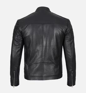 Chaqueta de motorista de piel de cordero auténtica de invierno informal para hombre en negro con cuello levantado y cierre de cremallera ODM Supply Plain Dyed Technics - Product Image 5