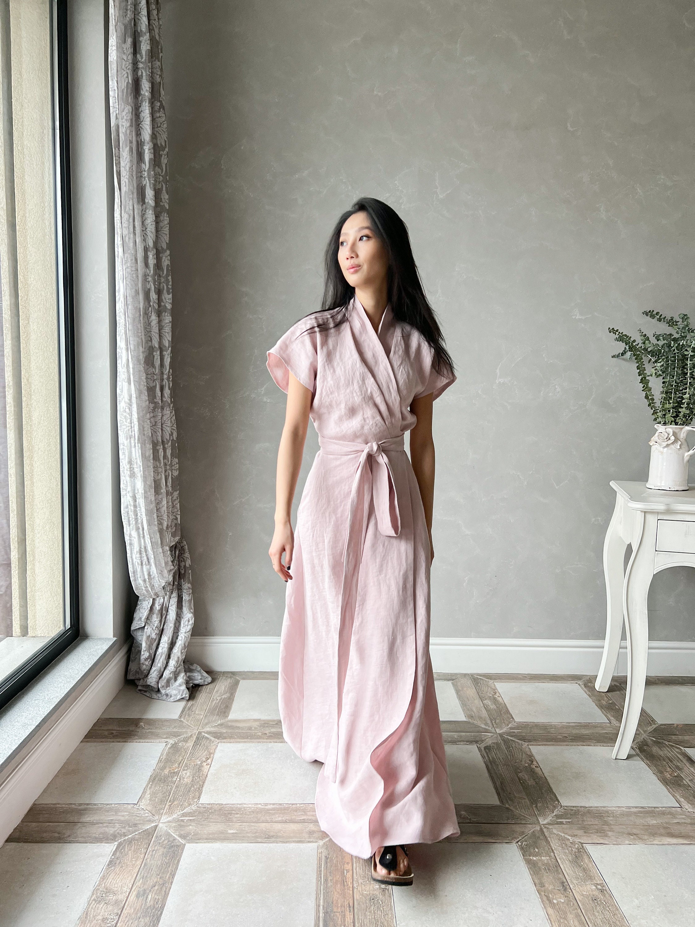 Linen Wrap Kimono Dress - Latest Dress Designs by Kaori