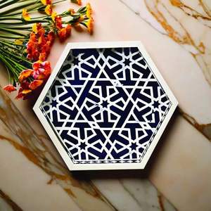 Bandeja DE SERVICIO DE PATRÓN hexágono con incrustaciones de hueso moderno hecha a mano con diferentes diseños para la vida en el hogar y restaurantes para la decoración del hogar - Product Image 6