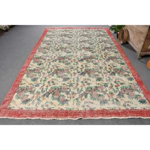 พรมขนแกะสีเบจเย็บปะสีแดงแบบดั้งเดิมพรมยางสี่เหลี่ยมขนาด6.8x10.9ฟุตทำด้วยมือพรมยางสำหรับนั่งเล่นข้างเตียง - Product Image 1