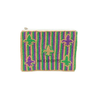 Porte-monnaie à perles artisanal Mardi Gras avec fermeture éclair personnalisable, pompon et décorations à sequins pour femme - Product Image 1