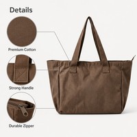 Sac fourre-tout en toile lavée de couleur unie avec fermeture éclair, grande capacité, sac à bandoulière pour femme, sac fourre-tout réutilisable pour les trajets domicile-travail et le shopping, logo personnalisé
