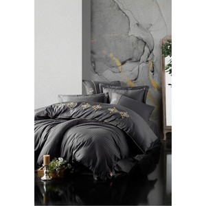 Cotton Box Luxury Embroidered Satin Double Duvet Cover <b>Set</b> Anthracite King Bedding Includes 4 Pieces for <b>Comforter</b> Wedding Home - Product Image 1