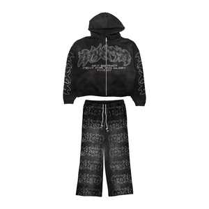 Ensemble sweat à capuche et pantalon de survêtement délavés à l'acide avec boxy Fit Vintage Rhinestone Accents French Terry avec survêtement zippé court - Product Image 5