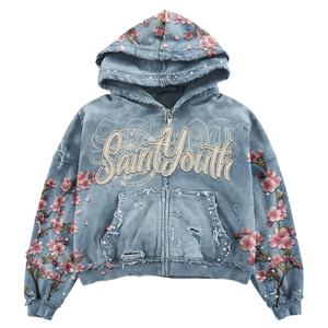 Manufacturers Custom Cropped Distressed Zip Up Sweatsuit <b>Rhinestone</b> Streetwear Tracksuit Baggy Flared Sweatpants And Hoodie Sets - Product Image 4