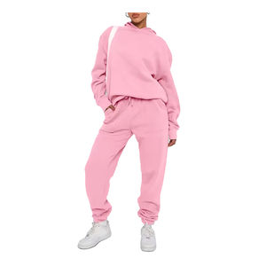 ชุดเสื้อฮู้ดและกางเกงโอเวอร์ไซส์ของผู้หญิงโลโก้ชุดวอร์มสีทึบมีฮู้ดทรงโอเวอร์ไซส์สำหรับใส่วิ่งจ๊อกกิ้ง - Product Image 3