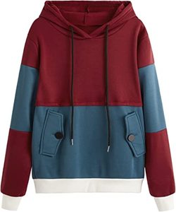 <b>Womens</b> <b>Fleece</b> Hoodies Colorblock Pattern Two Front Pockets with Buttons - Product Image 3