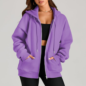 Sudadera con capucha informal de mujer de talla grande personalizada con cremallera completa y capucha corta, sudaderas de invierno con bolsillos delanteros - Product Image 4