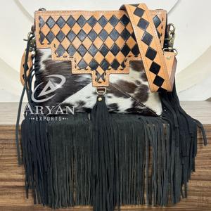 Bolso cruzado con flecos de piel de vaca occidental con solapa de cuero a cuadros a mano bohemio y hermoso bolso de hombro de gran capacidad de lujo - Product Image 1