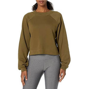 Sudadera raglán recortada de gran tamaño para mujer, sudadera holgada larga de entrenamiento con estilo, Sudadera corta con logo de cuello redondo raglán - Product Image 4