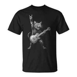 Maglietta promozionale con gatto che suona la chitarra in un gruppo rock and roll - Product Image 1