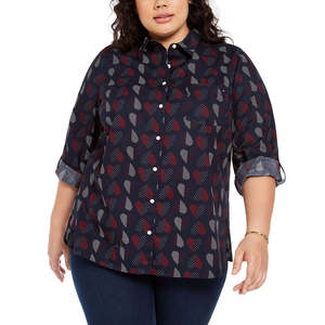 Camisa de Popelina de Algodón con Estampado de Corazones y Puntos para Mujer, Talla Grande, Marca Tommy Hilfiger, Color Azul, Talla 3X - Product Image 1