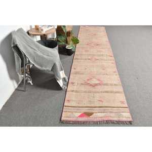 Large Area Bohemian Beige <b>Pink</b> <b>Wool</b> Kilim Rug Vintage Turkish 2.5x11.8ft Latex Backing Rectangle Patchwork for Hallway Room - Product Image 4