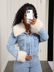 Vestes courtes en jean délavé tendance européennes et américaines, coupe ajustée, bleu tendance pour femme, bords bruts, prix abordable - Product Image 2