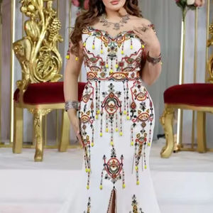2024 Impresionante vestido de caftán de lino blanco de diseñador con colorido bordado Zari Hermosa fiesta de boda-Ropa para adultos Long Trail - Product Image 1